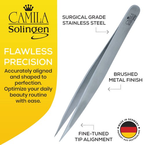 Camila Solingen CS27 4" Professional Surgical Grade Stainless Steel Precision Tip Eyebrow Tweezers for Facial Hair Shaping & Removal. Beauty Tool for Men/Women. Made in Solingen Germany (Pointed)