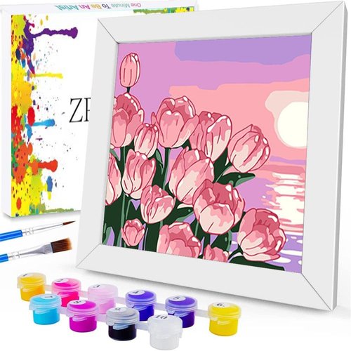 ZRIZQ Paint by Numbers for Adults Beginner Kids Ages 6-8-12 with Wooden Frame,Easy Paint by Numbers for Gift Home Decoration 8x8 Inch(Flowers 8)