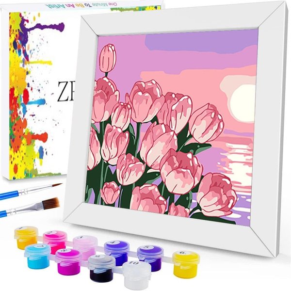 ZRIZQ Paint by Numbers for Adults Beginner Kids Ages 6-8-12 with Wooden Frame,Easy Paint by Numbers for Gift Home Decoration 8x8 Inch(Flowers 8)