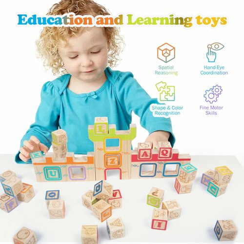 Wooden Building Blocks for Toddlers 2-3, ABC/Animals Castles Montessori Toys, Preschool Learning Toys Stacking Block for Preschool Girls and Boys Gifts