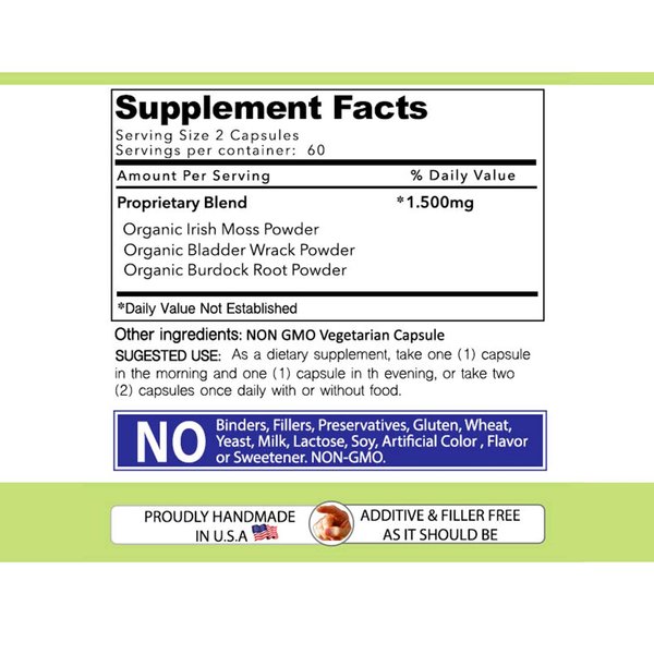 Our Daily Vites Sea Moss Capsules 1500mg (2 Pack) - Wildcrafted Irish Sea Moss Bladderwrack and Burdock Root Superfood Blend - Immune System, Gut Health & Thyroid Support - 240 Vegetarian Capsules