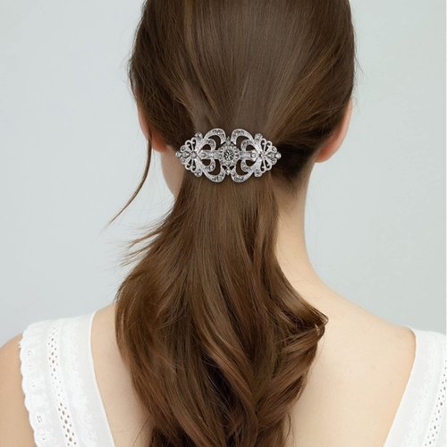 EVER FAITH Party Austrian Crystal Hair Barrette Clip, Victorian Inspired Art Deco Two Heart Hair Accessories for Women Grey Silver-Tone