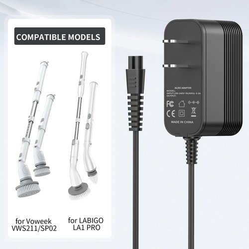 9V Charger for Voweek Electric Spin Scrubber Power Cord Compatible with Voweek VWS211/SP02/ AC Adapter Supply Replacement for LABIGO LA1 Pro Charger Cord
