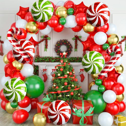Christmas Balloon Garland Arch Kit Red Green Gold White Latex Balloons Gold Confetti Christmas Cane Candy Gift Box Star Foil Balloons for Xmas New Year Party Decoration Supplies