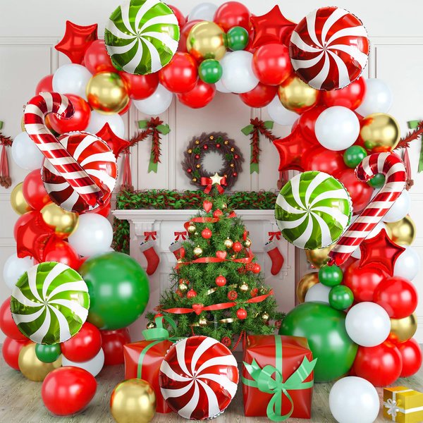 Christmas Balloon Garland Arch Kit Red Green Gold White Latex Balloons Gold Confetti Christmas Cane Candy Gift Box Star Foil Balloons for Xmas New Year Party Decoration Supplies