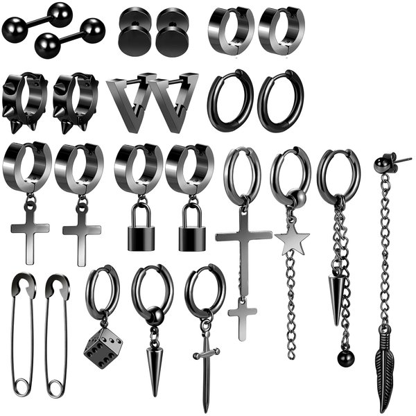 Black Cross Dangle Earrings for Men, 25 Pieces Stainless Steel Long Chain Piercing Hoop Earrings Set for Unisex (Black)