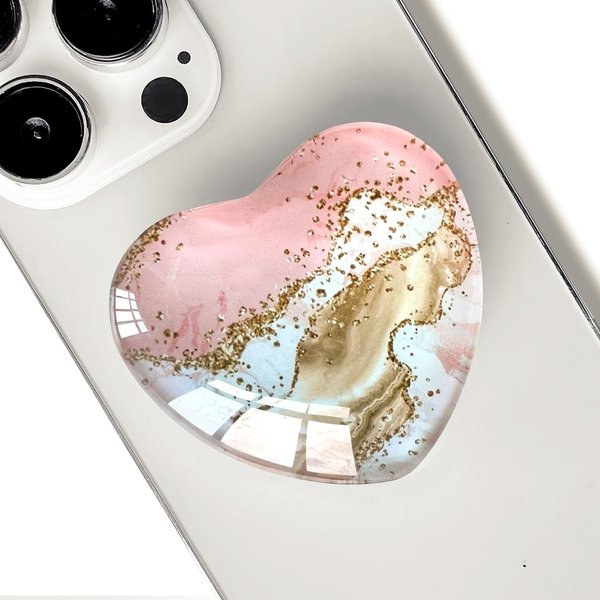 Ksadiye Expandiing Moblile Cell Phone Grip Heart Shape Glass Holder for Smartphones, Cellphone Collapsible Stand（ Pink Gold Marble