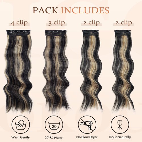 Vigorous Hair Extensions Clip in 4PCS Wavy Hair Extension for Women Black Mix Blonde Long Clip in Hair Extensions Soft Synthetic Hairpieces (24 inches, Black Mix Blonde)