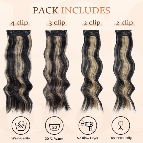 Vigorous Hair Extensions Clip in 4PCS Wavy Hair Extension for Women Black Mix Blonde Long Clip in Hair Extensions Soft Synthetic Hairpieces (24 inches, Black Mix Blonde)