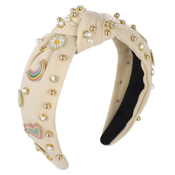 XLSXEXCL Pearl Knotted Headband for Women, Boho Rainbow Daisy Headbands for Girls Sparkly Crystal Rhinestone Headband Wide Pearl Knotted Twist Headband Headpiece Summer Headbands Accessories (Beige)