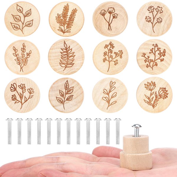 Beeveer 12 Sets Botanical Wildflower Flat Wood Knob Boho Cabinet Furniture Drawer Knobs Pulls Wood Flower Handles with Screws Boho Nursery Drawer Handles for Bedroom Living Room Home Decor