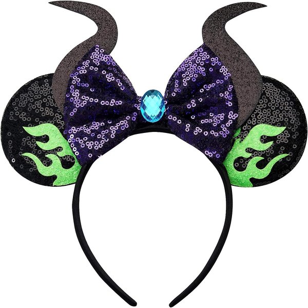 Halloween Mouse Ear Headband for Women, Black Maleficent Horn Hair Bands Sequin Bow Headband with Diamond Flame Design Halloween Cosplay Dress Up Hair Hoop Maleficent Headwear Party Princess Decor