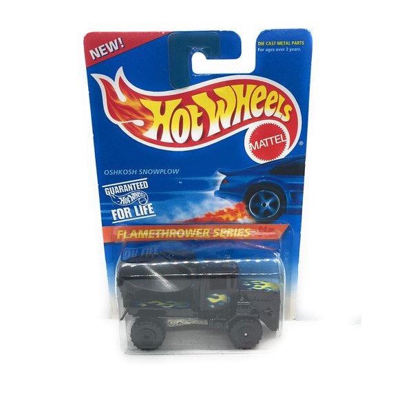 Hot Wheels Flamethrower Series #4 OshKosh Snowplow Black Construction Tires #387 Collectible Collector Car Mattel 1:64 Scale