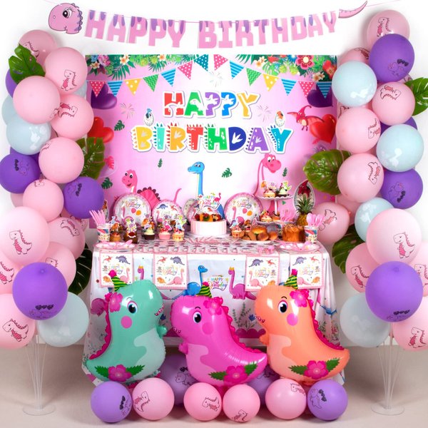 HJINGY 194 PCS Pink Dinosaur Party Decorations for Girls Dinosaur Birthday Party Supplies Include Dinosaur Balloons Backdrop Happy Birthday Banner Tablecloth Tableware Plates