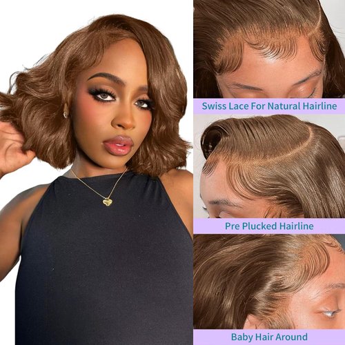 13x4 Bob Wig Human Hair Short Chocolate Brown HD Lace Front Wigs Human Hair with Baby Hair 180 Density Body Wave Frontal Human Hair Wigs Pre Plucked Hairline 4# Brown Wig 10 Inch