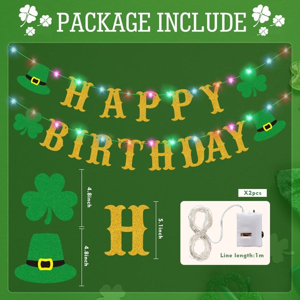 St. Patrick’s Day Happy Birthday Lighted Banner St. Patrick’s Day Decoration with Green Lighted St. Patty’s Day Themed Birthday Party Banner Decorations for Irish Lucky Day Supplies