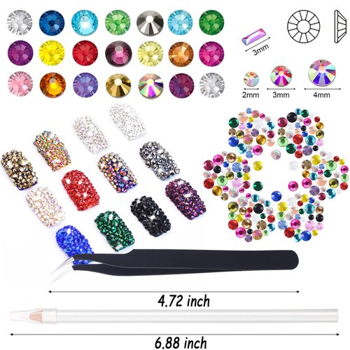 3 Pack Nail Art Rhinestone Flatback Gems Crystals Diamond for Nail Decoration Mixed Color Round Rhinestones Kit with Pickup Pencil and Tweezer for DIY Nail Art and Decoration