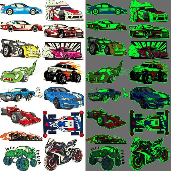 Ooopsiun Luminous Race Car Supplies Temporary Tattoos for Boys -12 Sheets Glow in The Dark RaceCar Tattoos Decorations Supplies Favors for Kids Boys Men