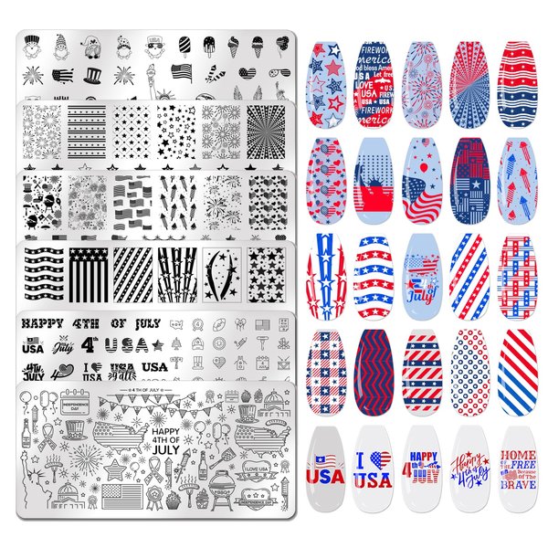 JERCLITY 6pcs Independence Day Nail Stamping Plates Patriotic Nail Stamping Kit 4th of July American Flag Stars Statue of Liberty Image Plates Nail Art Design Template Print Nail Stamper Kit for Women