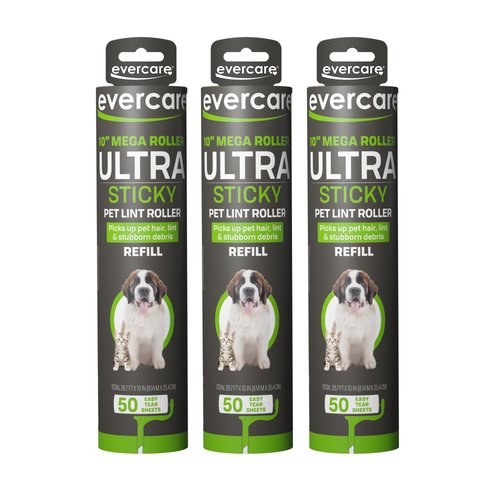 Evercare All-Purpose Pet Mega Oversized Lint Roller Refills, Green, 3-Pack (150 Sheets)