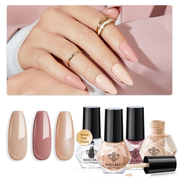 Modelones Nail Polish Set 3 Colors Nude Glitter Fall Quick Dry Nail Polish Base & Top Coat + Remover Pads Neutral Skin Tone Mini Starter Kit Manicure DIY Nail Art Salon Home Gift For Women Girl