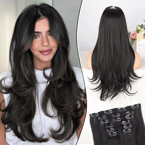 AISI BEAUTY Clip in Hair Extensions, 7PCS Long Black Straight Layered Hair Extensions Upgrade Soft Lace Weft Lightweight Hair Extensions for Women(20 Inches)