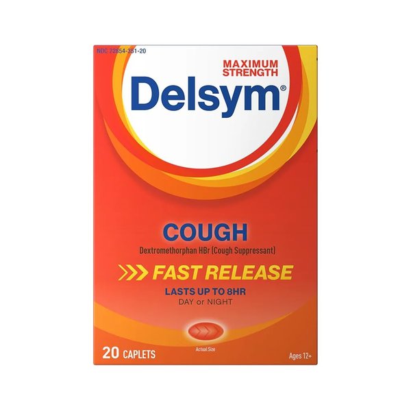 Delsym Maximum Strength Cough Suppressant, Fast Release Caplets, Lasts up to 8 Hour Day or Night, 20 Count