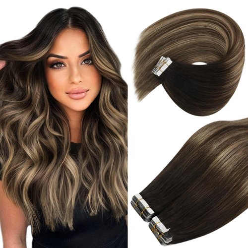 Ve Sunny Seamless Tape in Extensions Human Hair Ombre Black Tape in Hair Extensions Real Human Hair Natural Black Balayage Dark Brown with Ash Brown Hair Extensions Tape in Ombre 50g 20pcs 20inch