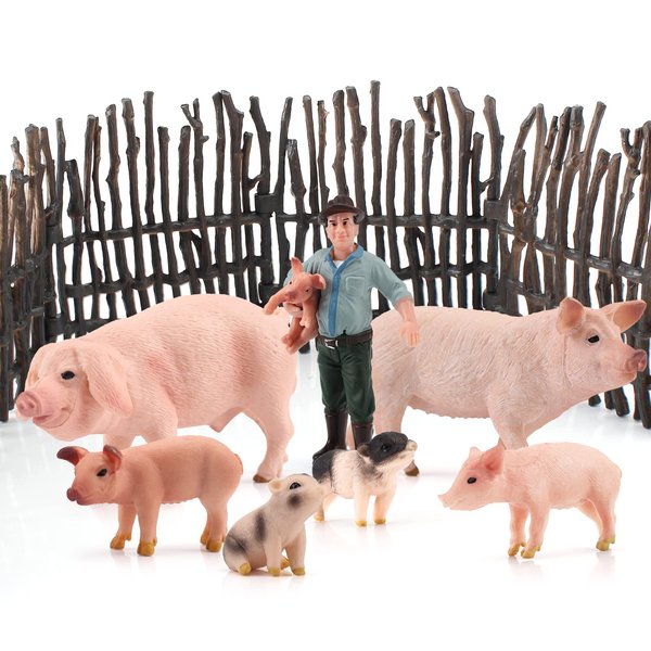 Farm Animal Model Figurine Playsets 12 PCS Pig Family Pig-Hugging Workers Wooden Fence Action Figures Toys for Kids