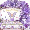 Butterfly Party Decorations, Girls Birthday Themes Decorations with Balloon Arch Kit Butterfly Photography Backdrop Banner and Tablecloth for Girls Women Butterfly Birthday Decor