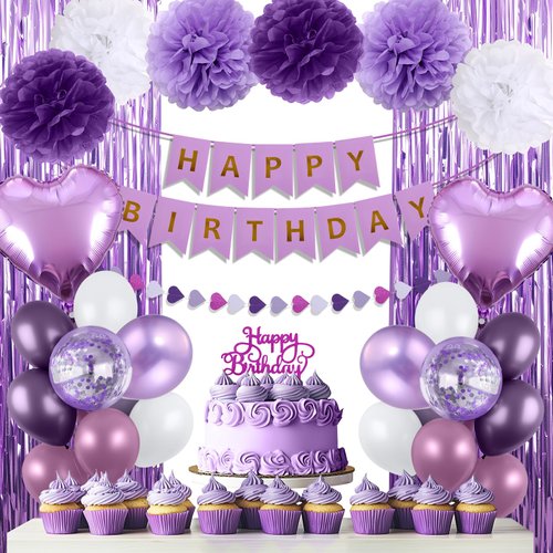 HEDUPT Purple Happy Birthday Party Decorations for Women Girls with Happy Birthday Banner, Purple Balloons, Foil Fringe Curtains, Tissue Paper Pompoms, Heart Garland, Cake Topper
