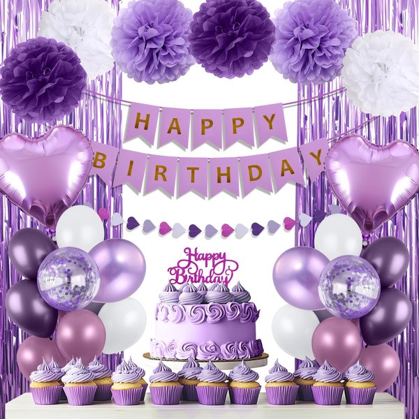 HEDUPT Purple Happy Birthday Party Decorations for Women Girls with Happy Birthday Banner, Purple Balloons, Foil Fringe Curtains, Tissue Paper Pompoms, Heart Garland, Cake Topper