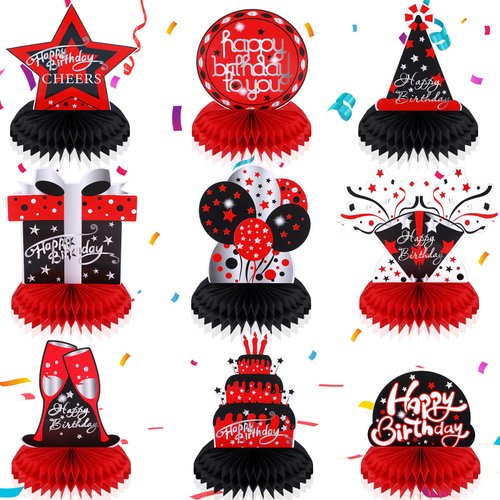 Leyndo 9 Pcs Red and Black Table Decorations Honeycomb Centerpieces Birthday Table Decorations Red Black Centerpieces for Tables Party Supplies Table Topper Sign for Adults