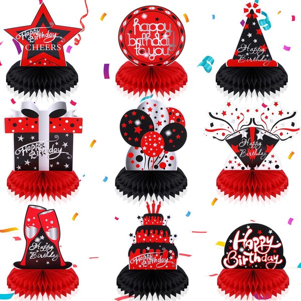 Leyndo 9 Pcs Red and Black Table Decorations Honeycomb Centerpieces Birthday Table Decorations Red Black Centerpieces for Tables Party Supplies Table Topper Sign for Adults