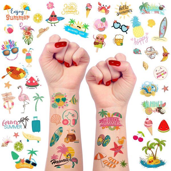 60 Pieces Summer Temporary Tattoos for Kids, Pool Party Favors, Hawaiian Luau Beach Temporary Tattoo, Watermelon Strawberry Pineapple Flamingo Tattoo Stickers for Birthday Party Supplies, Tropical Party Decoration Supplies