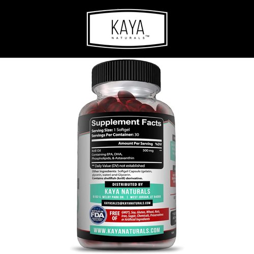 Kaya Naturals - Antarctic Krill Oil 500mg with Omega 3, EPA, DHA and Astaxanthin Supplement - Brain, Heart and Joint Health Vitamin - Heart Health Supplement - 30 Sofftgels