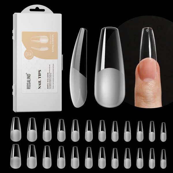 264PCS Half Matte Long Coffin Soft Fake Nail Tips, ROSALIND 12 Size Soft Full Cover False Nail Tips Half Matte Long Coffin Gel Nail Tips for Nail Extension,Acrylic Nail Tips (One-Sided No File)