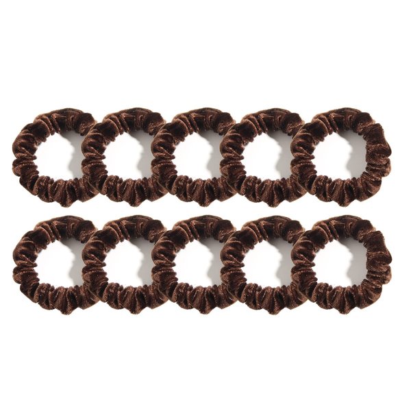 Pack of 10 Small Velvet Scrunchies for Women Hair Accessories, Mini Thin Elastic Hair Ties, LFOUVRE Rubber Hair Bands for Thick Hair, Mini Scrunchies for Thin Hair Ponytail Holders Coffee