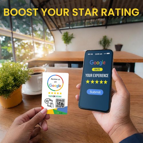TapFive Google Review Tap Cards + Follow Us & Facebook - 3-Pack Social Pack - Instant Reviews & Followers - Compatible All Phones - Reusable Tap NFC & QR
