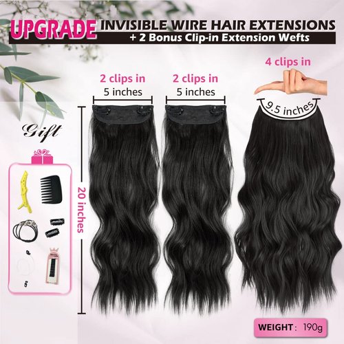 UAmy hair Black Long Wavy Curly Hair Invisible Wire Hair Extensions with Adjustable Size and 2 Clips in Hair Extensions 20 Inch Synthetic Hairpieces for Women(Black)