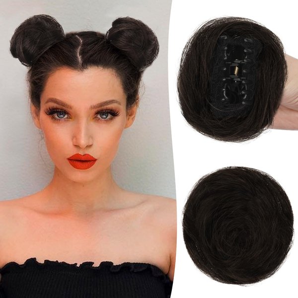 RUWISS 2 Pcs Mini Claw Clip Hair Bun Hair pieces Human Hair Space Buns Clip in Messy Cat Ears Hair Bun Extensions Updo Hairpieces for Women Girls (Pack of 2, Dark Brown)