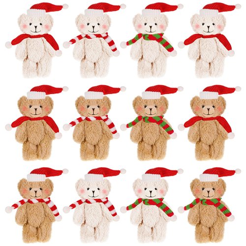 Shappy 12 Pcs Christmas Mini Stuffed Bears Bulk 6 Inch Small Stuffed Animals Keychain Christmas Plush Bear with Scarf Hat Soft Tiny Bear Doll for Birthday Christmas Party Decorations Craft(Classic)