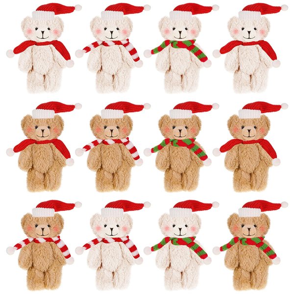 Shappy 12 Pcs Christmas Mini Stuffed Bears Bulk 6 Inch Small Stuffed Animals Keychain Christmas Plush Bear with Scarf Hat Soft Tiny Bear Doll for Birthday Christmas Party Decorations Craft(Classic)