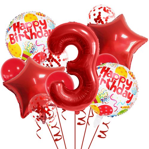 32 Inch 3 Balloon Number, Red Balloons, Red Confetti Latex Balloon Foil Balloons Mylar Balloons 3 Birthday Balloon for Anniversary Supplies Kids Birthday Party