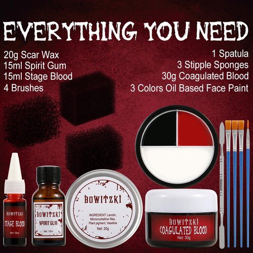 Bowitzki Halloween SFX Makeup Kit Scar Wax Special Effect Makeup,Scab Blood + 3 Colors Oil Based Face Paint + Spirit Gum + Skin Wax + 3 Stipple Sponges + Spatula