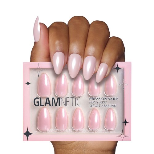 Glamnetic Press On Nails - First Kiss | Short Almond Neutral Pink Nails with a Glaze Finish | 15 Sizes - 30 Nail Kit with Glue