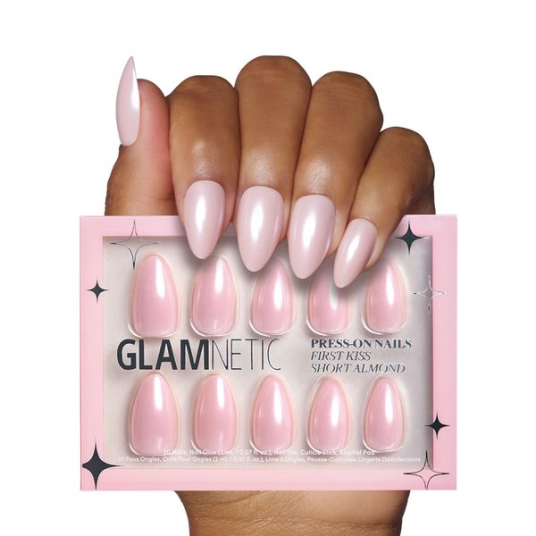 Glamnetic Press On Nails - First Kiss | Short Almond Neutral Pink Nails with a Glaze Finish | 15 Sizes - 30 Nail Kit with Glue