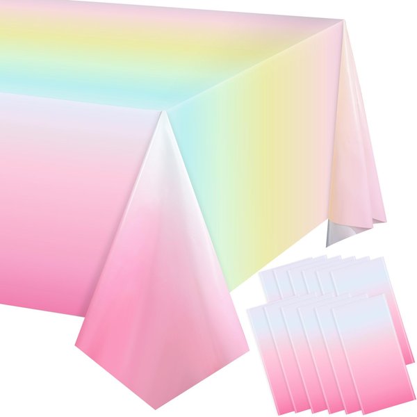 6 Pack Pastel Rainbow Tablecloths Rainbow Plastic Tablecloth Rainbow Party Decorations Rainbow Birthday Party Supplies Pastel Table Covers for Birthday Wedding Shower Party Supplies, 108 x 54 Inch