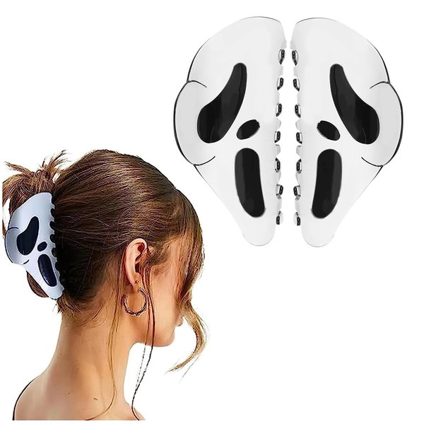 AUOCATTAIL Halloween Hair Claw Clip 2pcs Big Mask Ghost Face Hairpin Funny Ponytail Clip Scream Grimaces Scary Styling Shark Clip Hair Accessories Halloween Styling