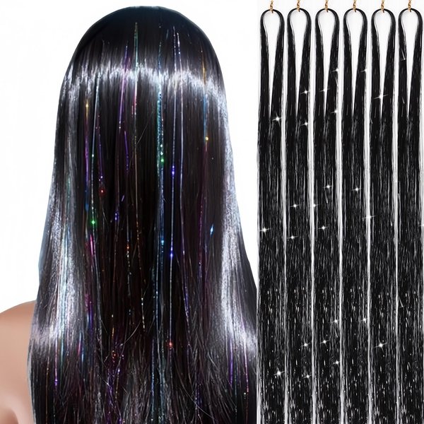 starluck Hair Tinsel Extension, 48 Inch 6 pcs 1200 Strands, Black Green Hair Tinsel Kit Heat Resistant Highlights Fair Hair Glitter Tinsel for Women Kids Girls Halloween Cosplay Christmas Gift